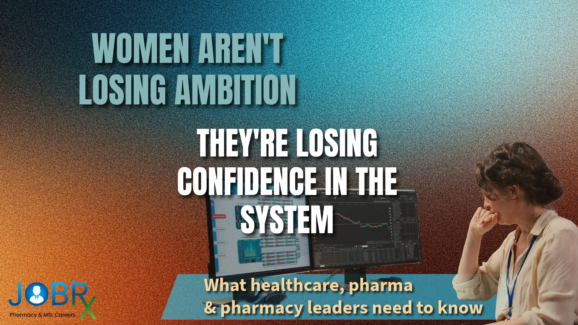 Image of woman sitting in front of computer screens with graphs. Image wording reads, 